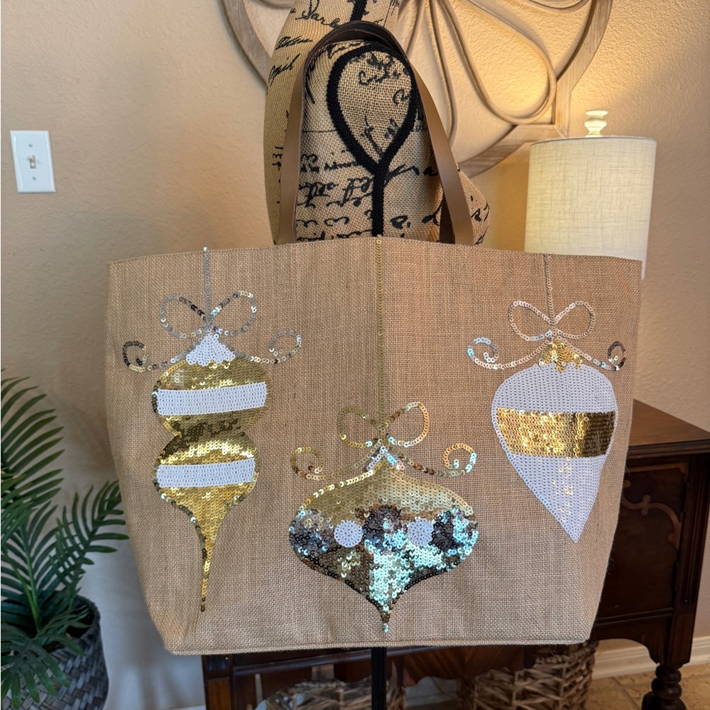 New Mud Pie Sequin Holiday Tote Bag with Gold and Silver Ornaments